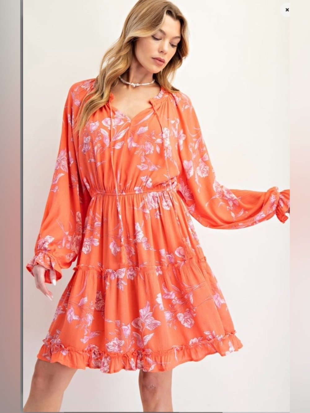103. NWT EASEL Floral Tie-Neck Long-Sleeve Dress in Coral